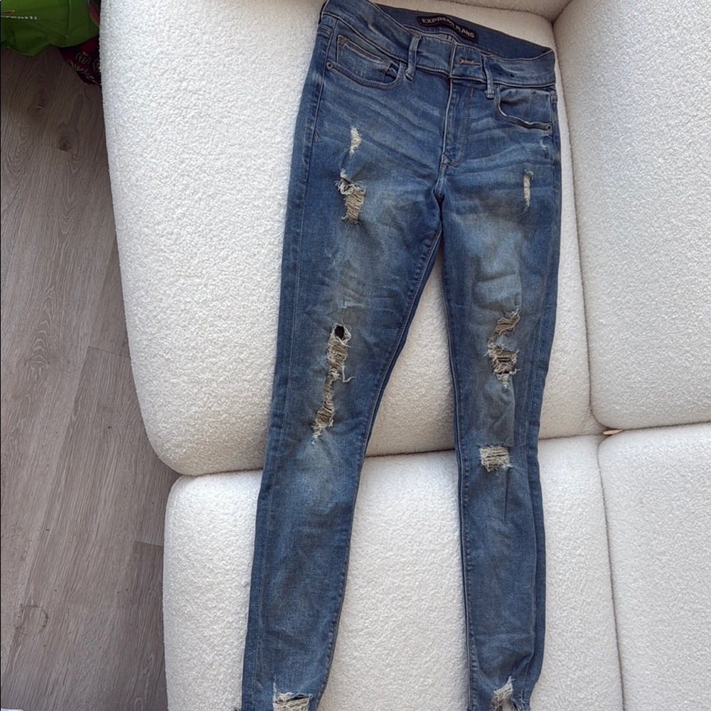 Express Blue Skinny Jeans with Distressed Detailing